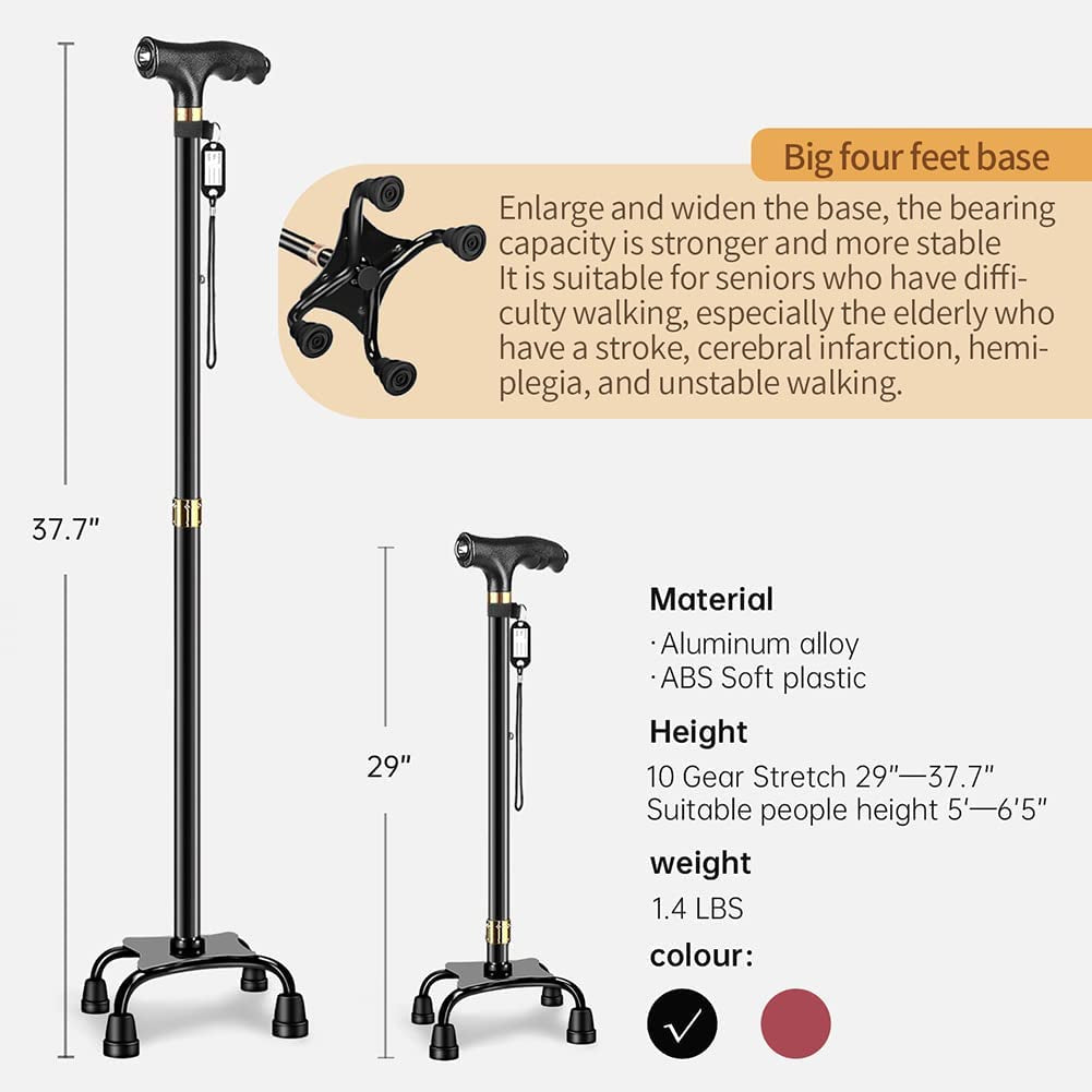 Cane with LED Light,Walking Cane for Men & Women,Walking Sticks for Seniors,Telescopic Non-Slip Cane,Stable and Portable,Cane with 10 Adjustment Heights,With Travel Bag(Big Four Feet-Black)