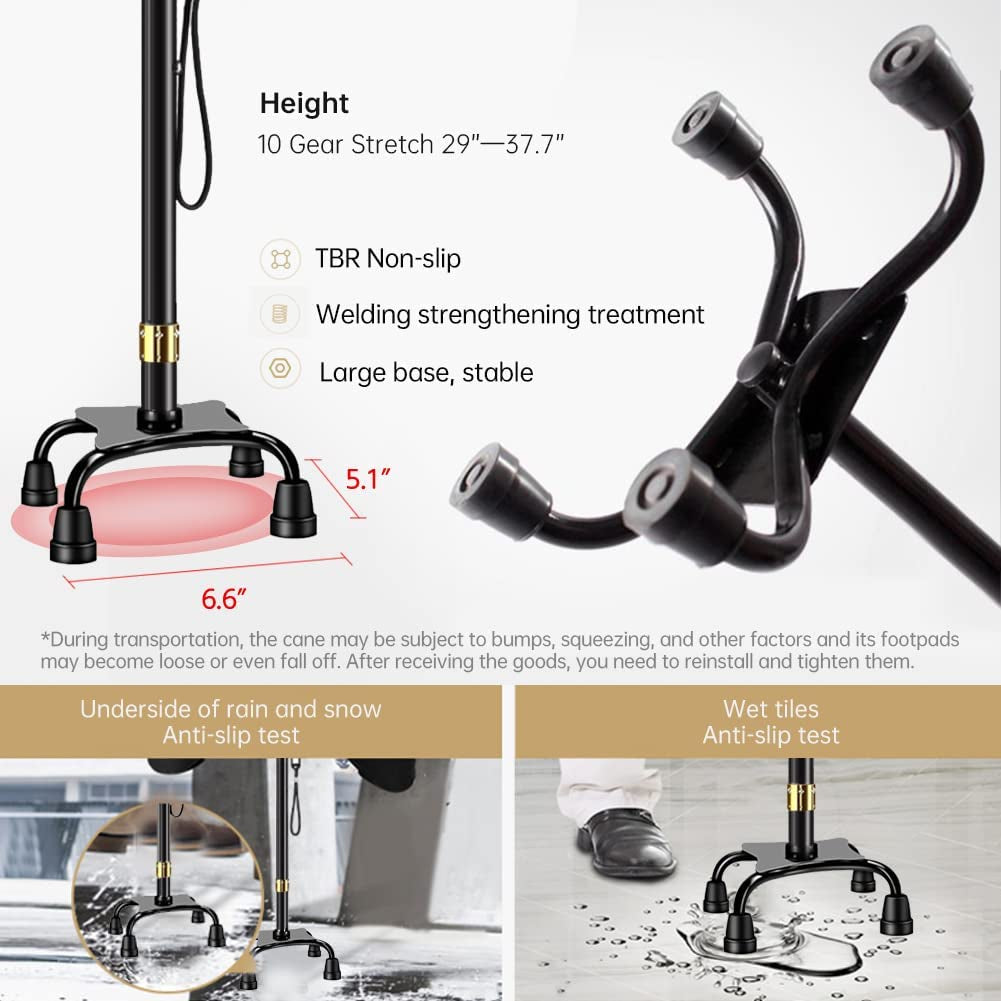 Cane with LED Light,Walking Cane for Men & Women,Walking Sticks for Seniors,Telescopic Non-Slip Cane,Stable and Portable,Cane with 10 Adjustment Heights,With Travel Bag(Big Four Feet-Black)