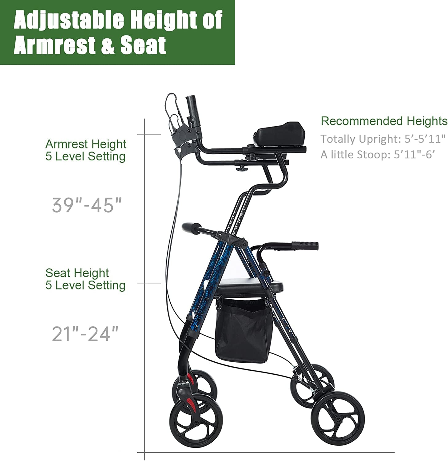 Tall Upright Walker with Padded Armrest and Seat, Large Under-Seat Basket for Seniors, Flame Blue