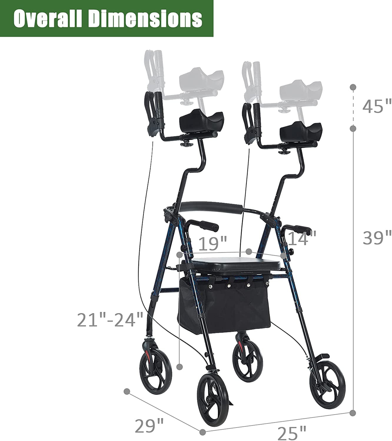 Tall Upright Walker with Padded Armrest and Seat, Large Under-Seat Basket for Seniors, Flame Blue