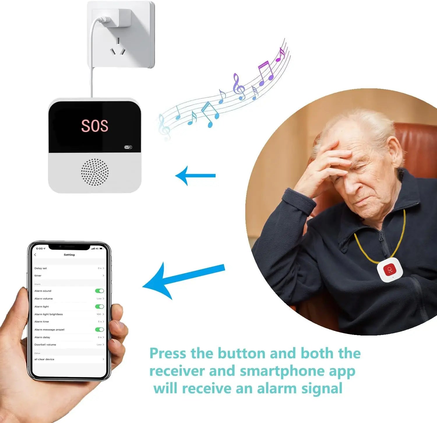 Wireless Wifi Elderly Caregiver Pager SOS Call Button Emergency SOS Medical Alert System for Seniors Patients Elderly at Home