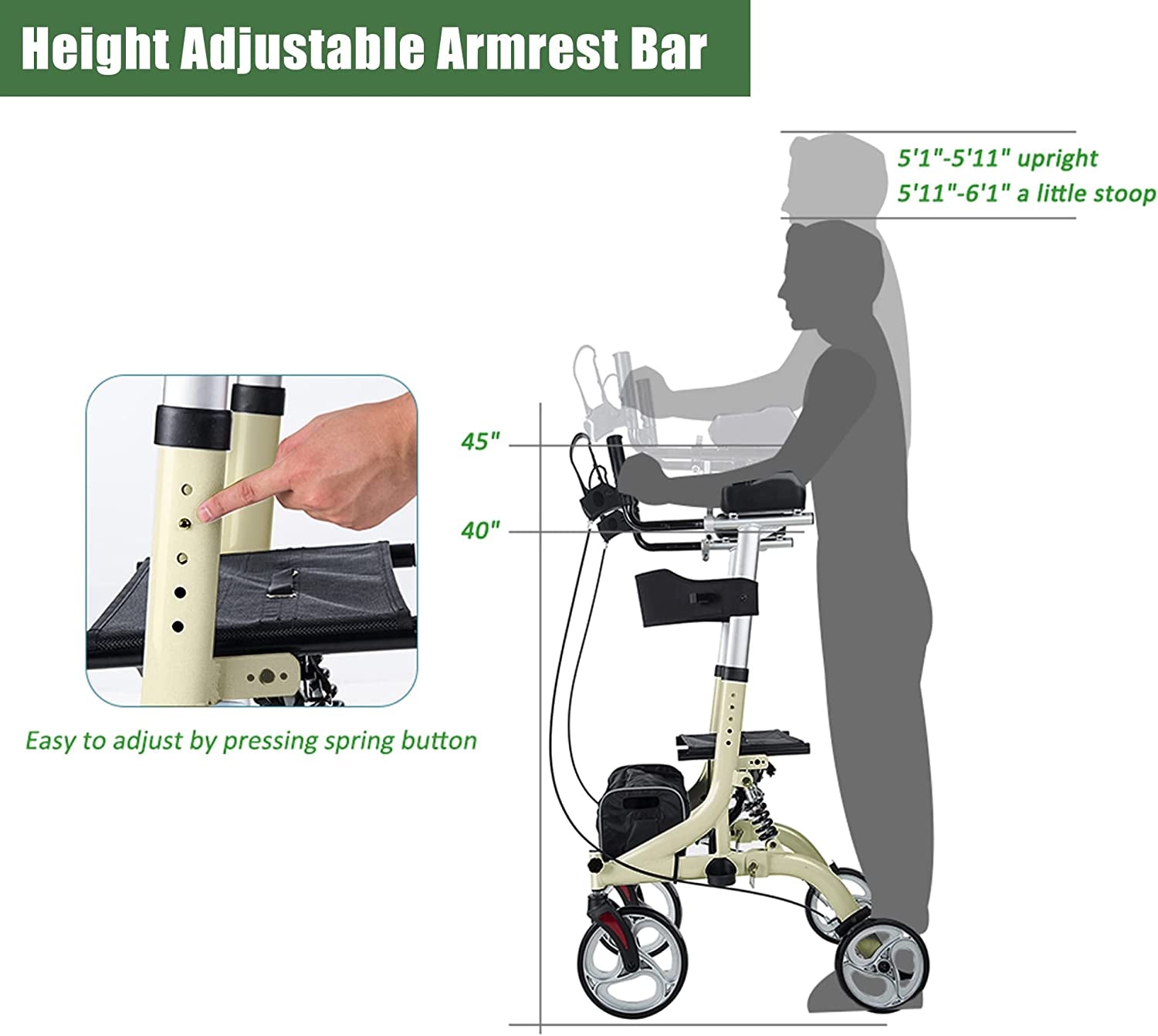 Upright Rollator Walker with Shock Absorber, 10" Front Wheels and Zipper Storage Basket for Seniors,Champagne