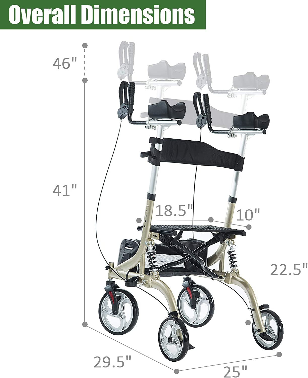 Upright Rollator Walker with Shock Absorber, 10" Front Wheels and Zipper Storage Basket for Seniors,Champagne