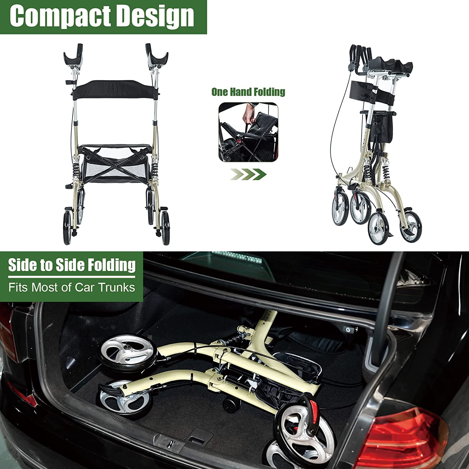 Upright Rollator Walker with Shock Absorber, 10" Front Wheels and Zipper Storage Basket for Seniors,Champagne