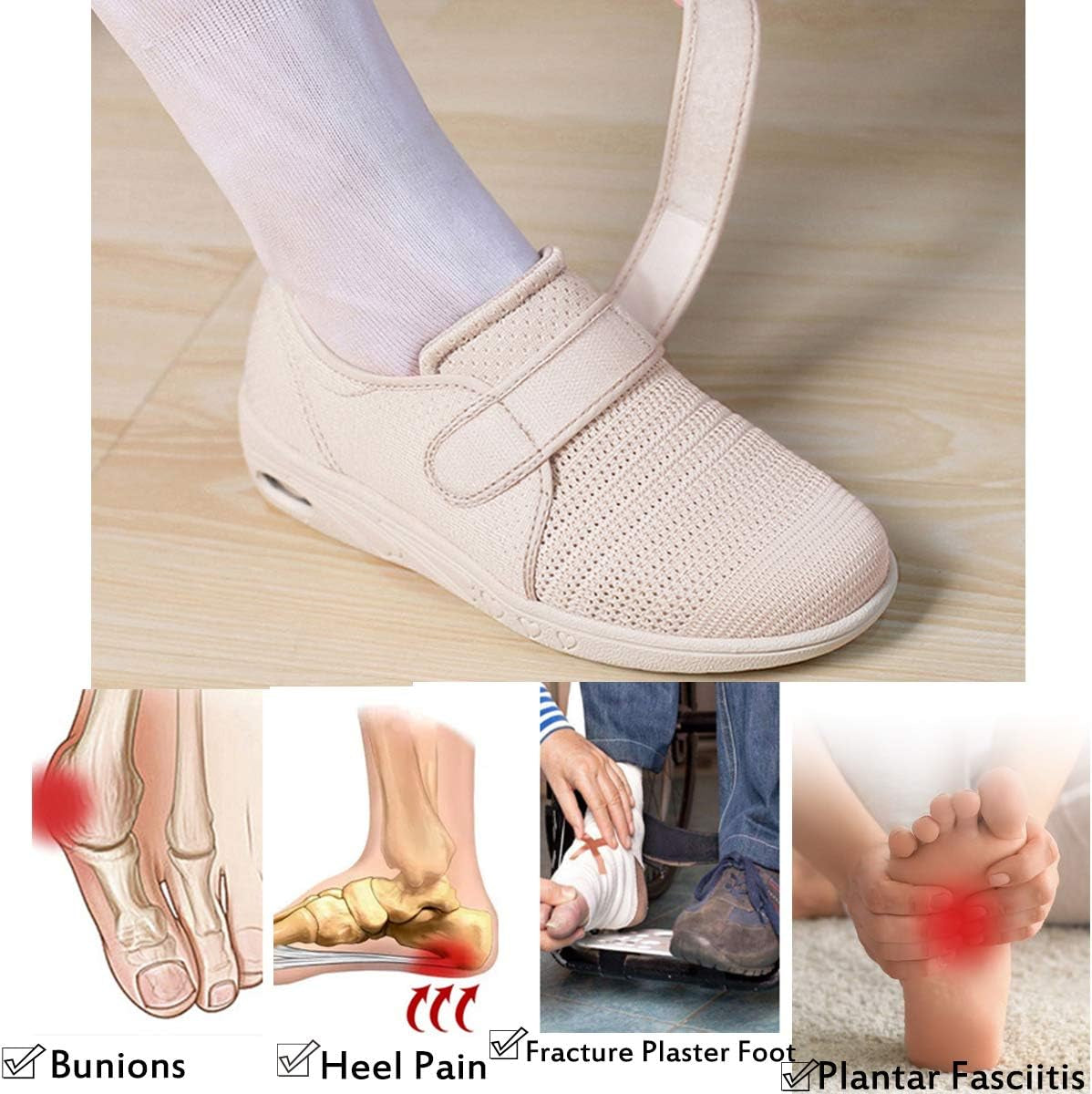 Womens Wide Width Shoes Adjustable Strap Sneakers for Elderly Diabetic Plantar Fasciitis Swollen Feet